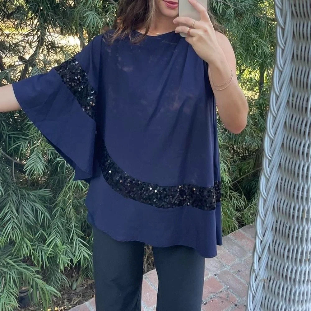 Beautiful navy blue sequin one shoulder flowy blouse